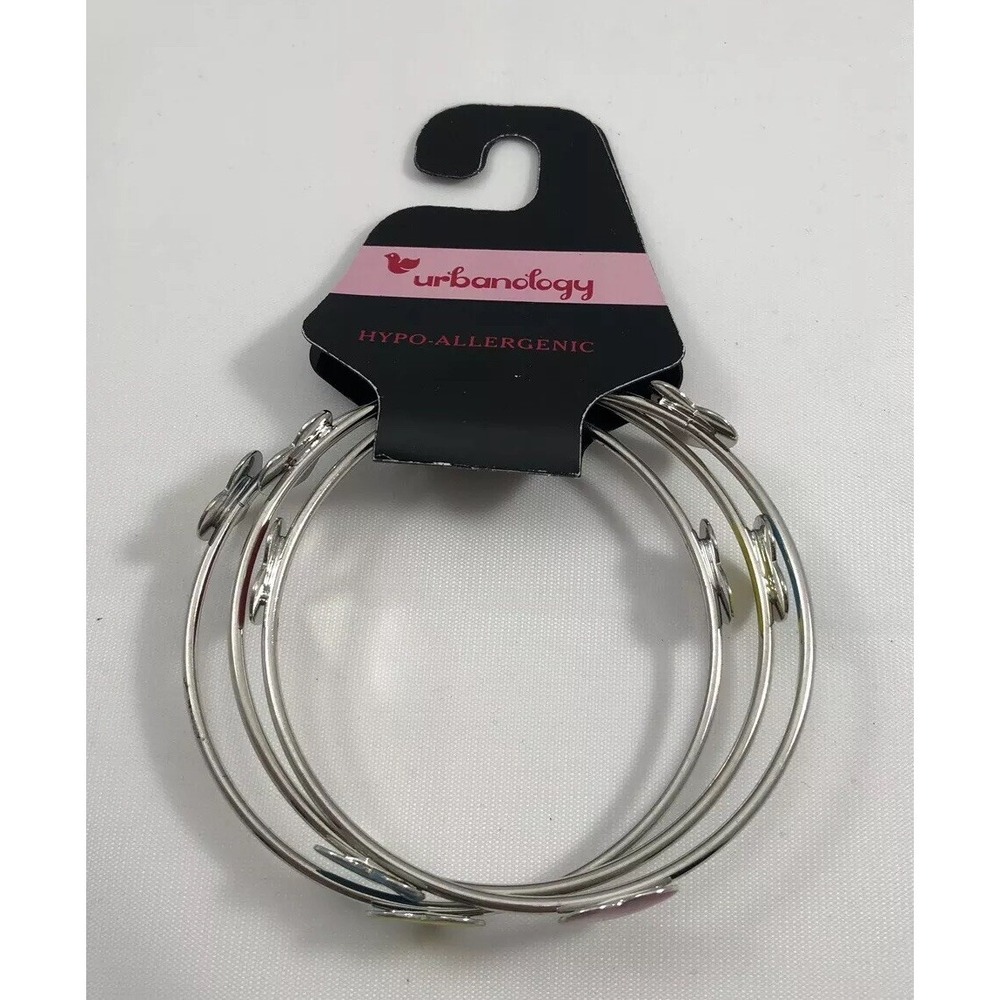 Urbanology Silver Bangles W/Pink,Yellow‎ & Blue Hearts, NWT Hypo-Allergenic